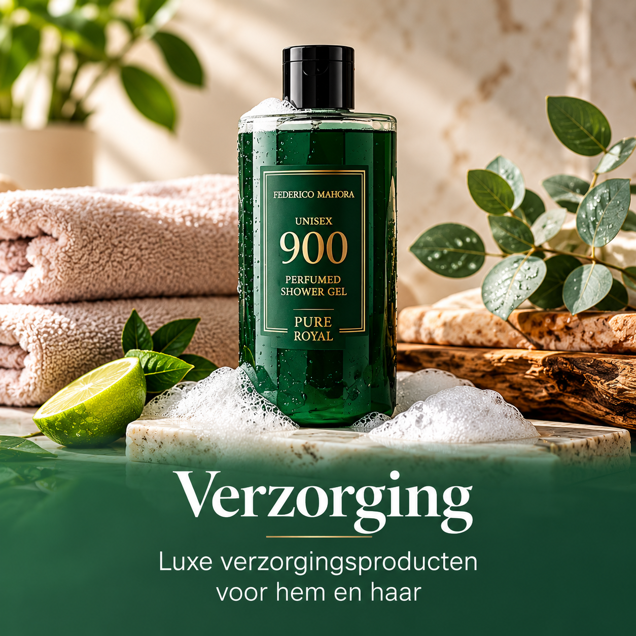Luxe groene douchegel in spa setting
